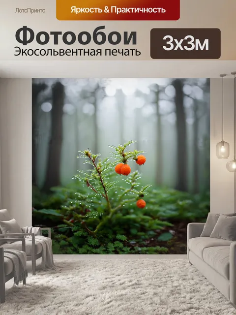 Фотообои морошка буша, окутанная легким туманом, излучает загадочность