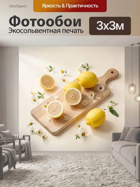 Фотообои Лимоны и ромашки на доске
