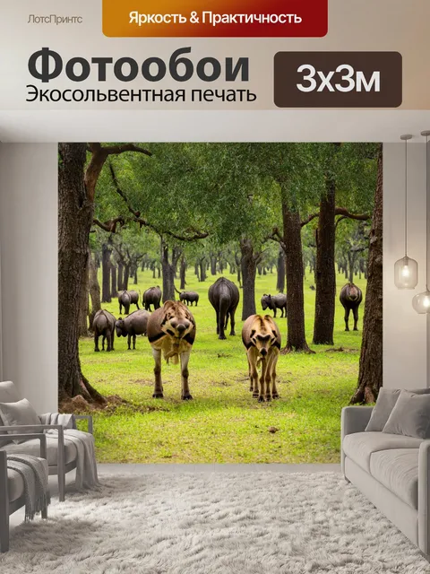 Фотообои роща с дикими животными, гуляющими между деревьями