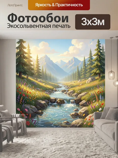 Фотообои Альпийская долина с ручьем и цветами