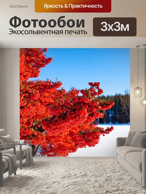 Фотообои красная рябина с яркими ягодами, растущая на фоне снежного пейзажа, создавая контраст цвета