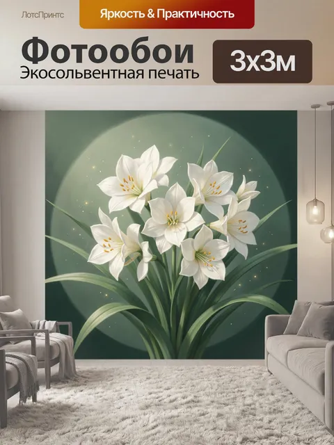 Фотообои Букет белых калл, с солнечно-жёлтыми пестиками в центре композиции, несколько цветков под разными углами…
