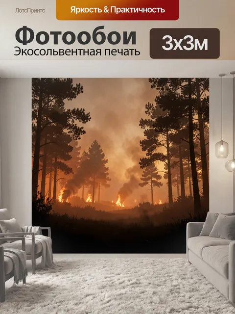 Фотообои Лесной пожар в тумане на закате