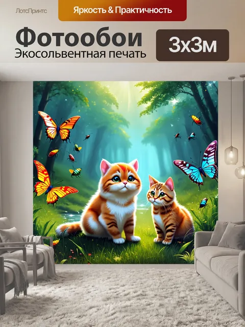 Фотообои просто недалеко от рек, где в траве сидят манул и кошка, окруженные яркими жучками и бабочками
