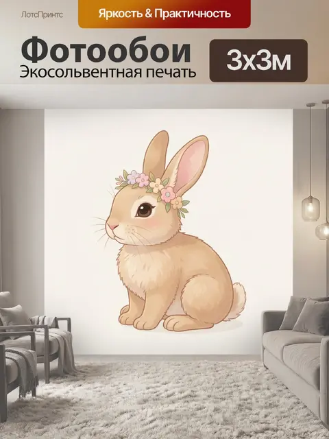 Фотообои Милый кролик с цветочным венком