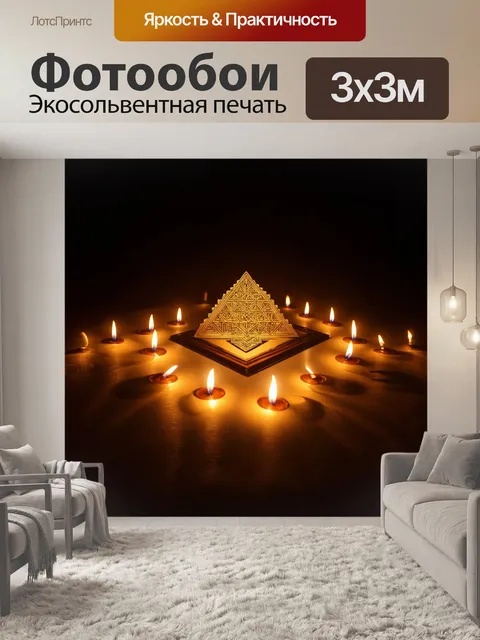 Фотообои шри янтра, выполненная из золотого металла, разлучена с глубокой темнотой ночи