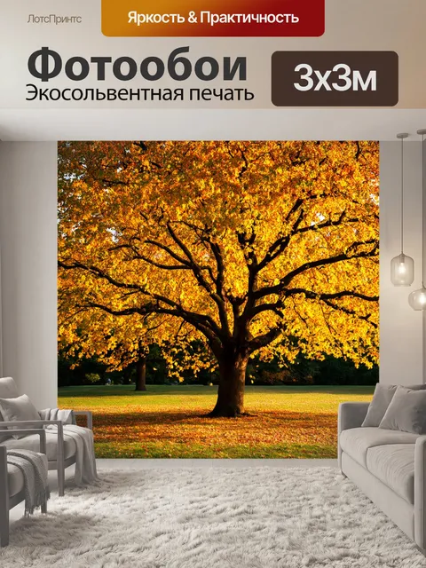 Фотообои в осеннем парке, среди золотистых листв, стоит роскошное дерево с широкими раскидистыми ветвями