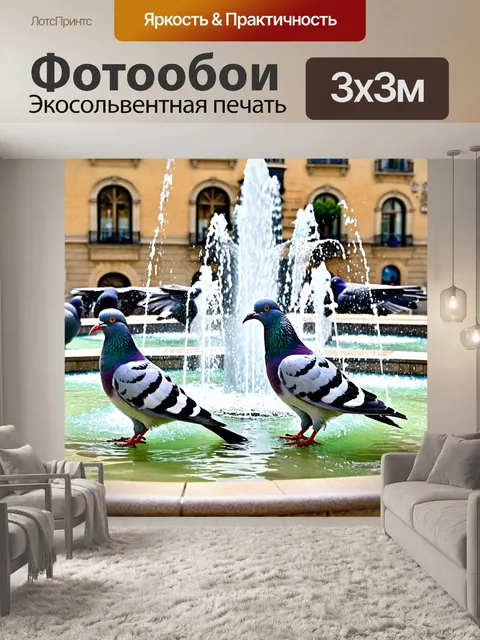 Фотообои голуби, купающиеся в фонтане на городской площади