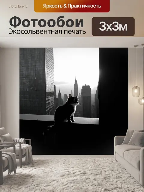 Фотообои в городском пейзаже, кот наблюдает за жизнью мегаполиса с высоты чердака