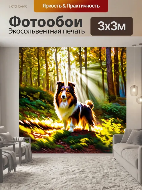 Фотообои шелти, исследующий густой лес, с солнечными лучами, пробивающимися сквозь листву