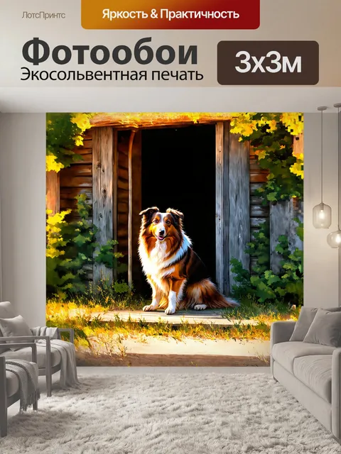 Фотообои колли, умиротворенно сидящая у порога старого деревянного домика, окруженного густым лесом