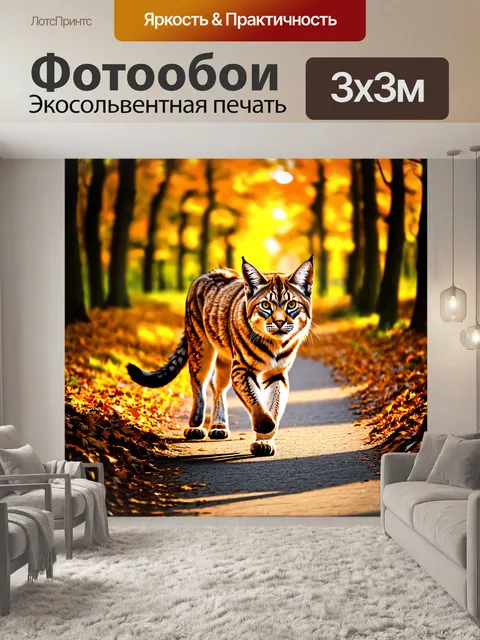 Фотообои рысь, прогуливающаяся по лесной тропе, окружённая осенними листьями, её мех переливается в лучах заходящего…