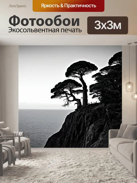 Фотообои черно-белый, показывающие контуры гигантских деревьев, стоящих на краю обрыва с видом на море