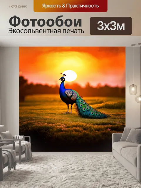 Фотообои на фоне заката павлин сверкает, как драгоценный камень, его перья величественно переливаются в огненных тонах