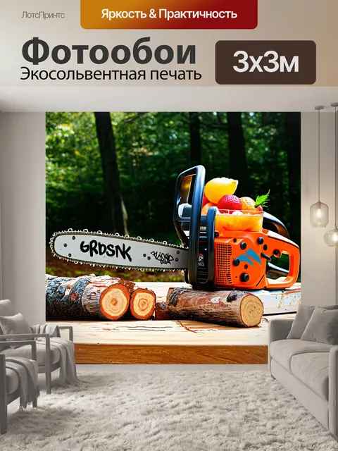 Фотообои урбанистический пейзаж с лесом на фоне, где цепная пила превращается в элемент искусства, украшенная граффити