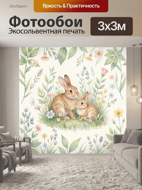 Фотообои Зайцы в траве среди цветов