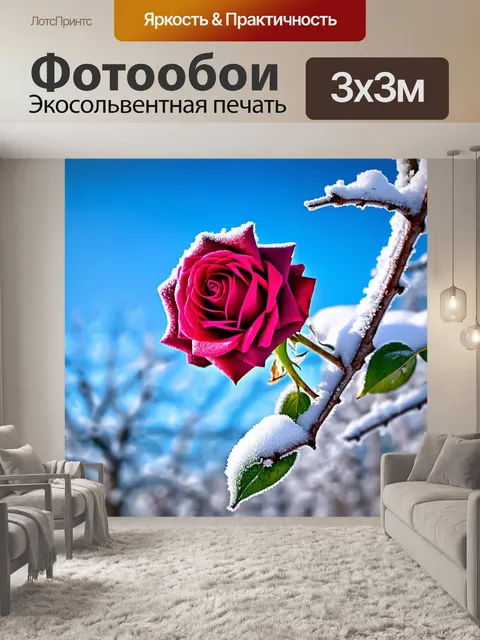 Фотообои роза в зимнем снегу, с веточками, покрытыми инеем, и ясным голубым небом, создающим контраст с её ярким цветом