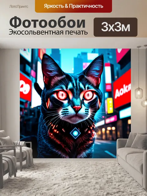 Фотообои животные в стиле киберпанк, кибернетические кошки с glowing глазами в мегаполисе
