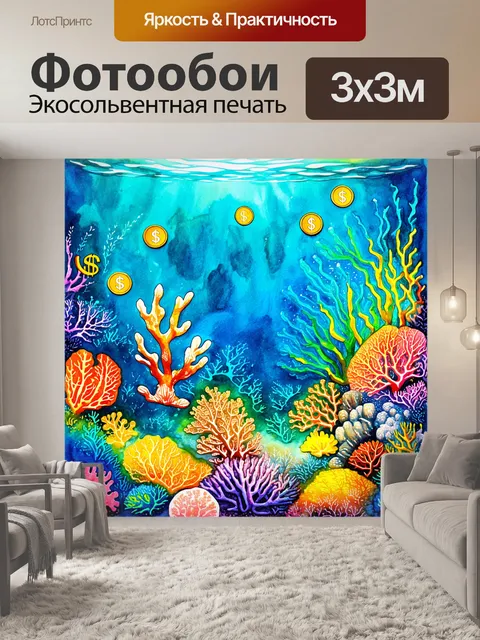 Фотообои подводный мир, где кораллы и морская фауна украшены валютными знаками и монетами