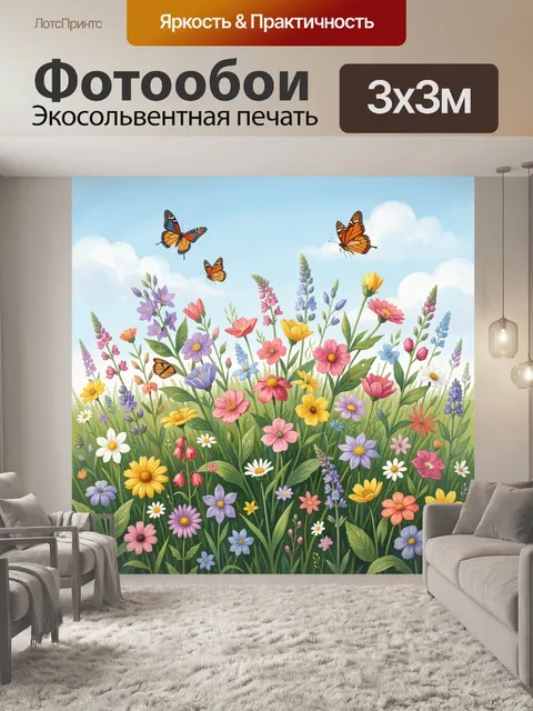 Фотообои Летний луг с цветами и бабочками