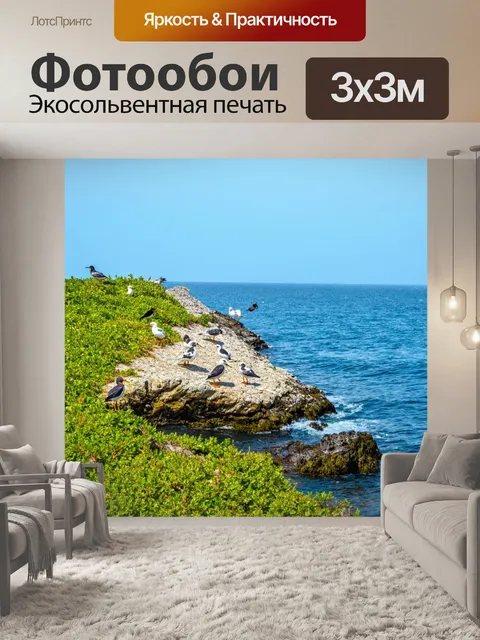 Фотообои море, панорама скалистого побережья с буйной зеленью и морскими птицами