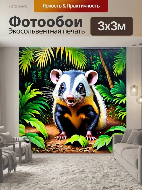 Фотообои опоссум, выставляющий свои острые зубы, позирует на фоне густой зелени тропического леса