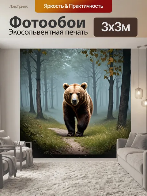 Фотообои загадочный европейский бурый медведь, прогуливающийся по лесу в тумане