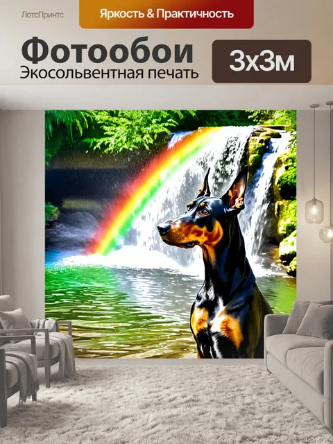 Фотообои доберман на фоне живописного водопада, с яркой радугой, пробивающейся сквозь брызги воды