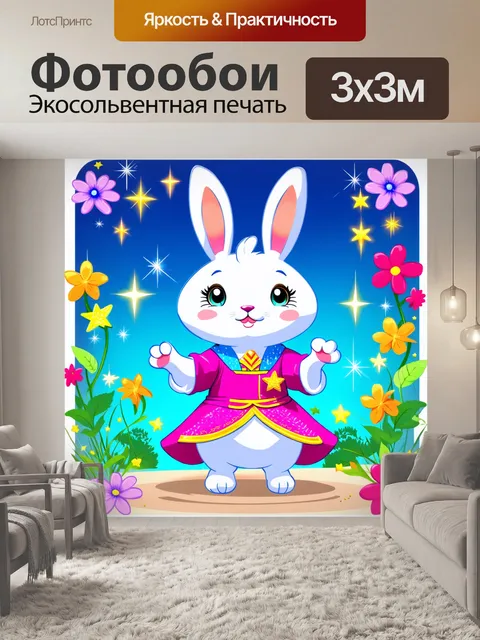 Фотообои сказочный кролик, одетый в чудесные наряды, окружённый анимационными элементами: волшебные цветы и блестящие…