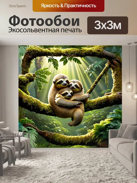 Фотообои на уютной ветке, покрытой мохом и лишайниками, ленивцы мило обнимаются, создавая идеальную картину дружбы в…