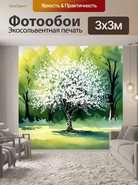 Фотообои белое дерево, усыпанное нежными цветами, на фоне ярко-зеленого леса