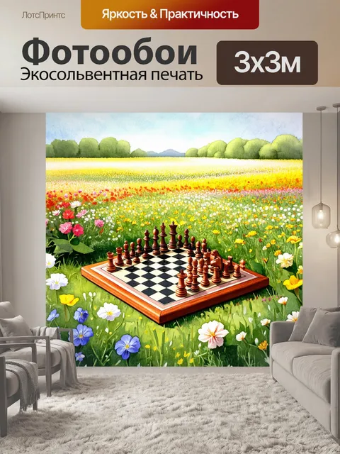 Фотообои миниатюрная шахматная доска, расположенная на фоне цветущего поля