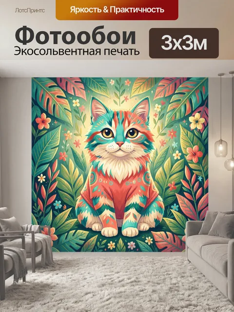 Фотообои Яркий кот среди тропических листьев