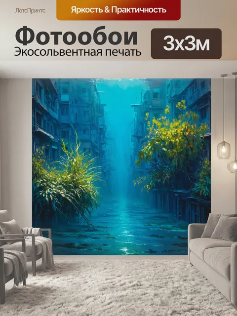 Фотообои богатые текстуры и объемы растительности в синем ландшафте, изображенные в технике урбанистической живописи