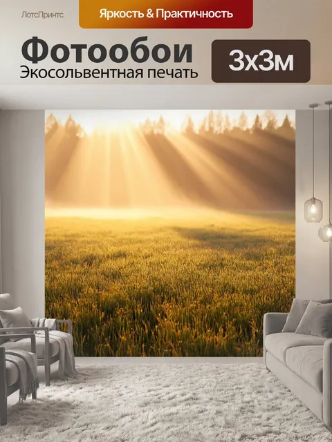 Фотообои туман в стиле фотореализм, с ранним утром на поле, завуалированном легким туманом и солнечными лучами