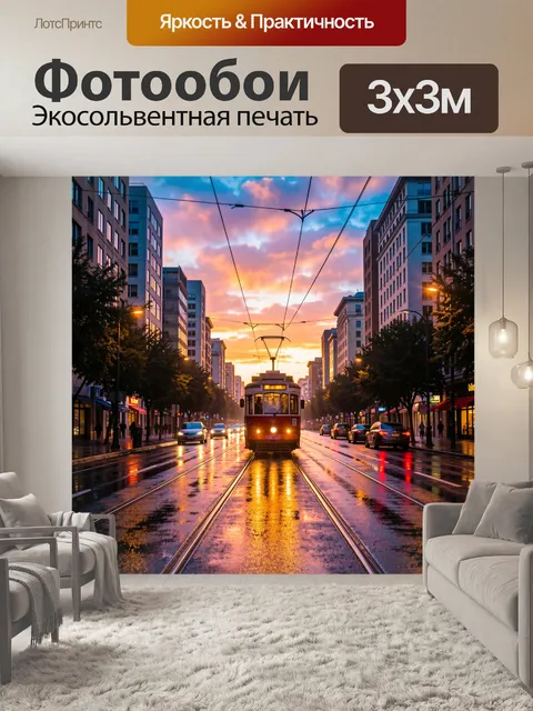 Фотообои Трамвай на вечерней улице