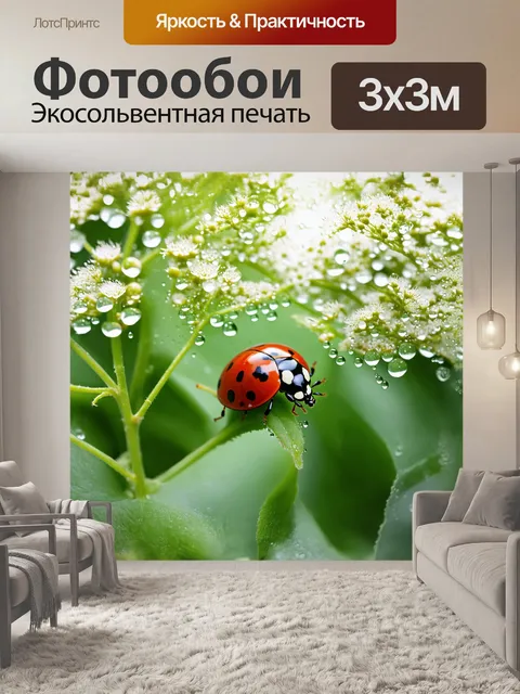 Фотообои божья коровка, красная с черными пятнышками, величественно покоится на зеленом листе, окруженном каплями…