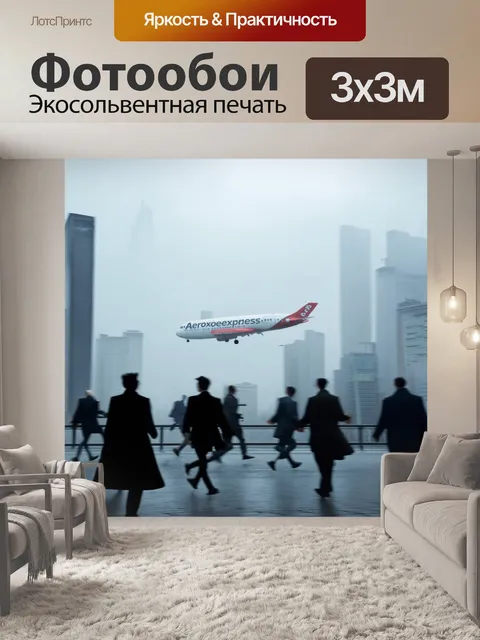 Фотообои городская панорама в тумане, где силуэт аэроэкспресса выползает из-за туманных облаков