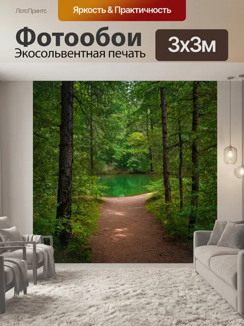 Фотообои скрытая тропа среди деревьев, открывающаяся к озеру