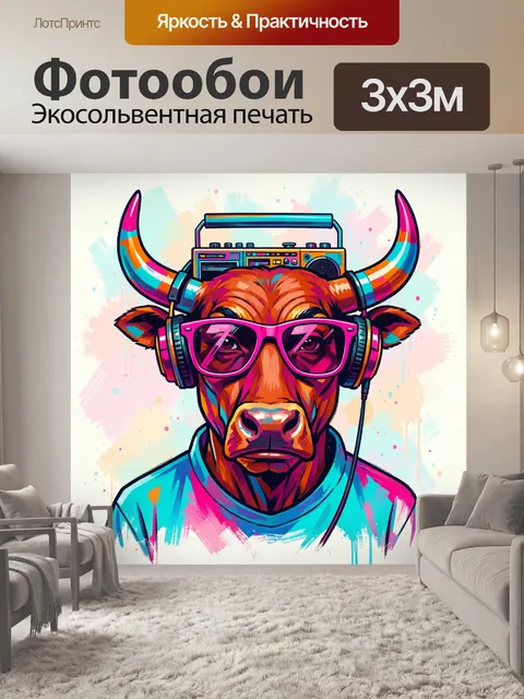 Фотообои Бык в наушниках и очках