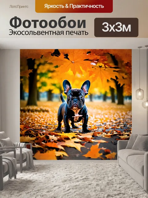Фотообои очаровательный французский бульдог-щенок играет в ярких листьях осени в парке