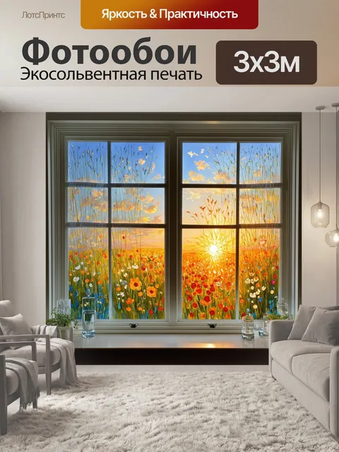 Фотообои за голландским окном виден закат из множества связанных цветов; это создает картину сплошной красоты