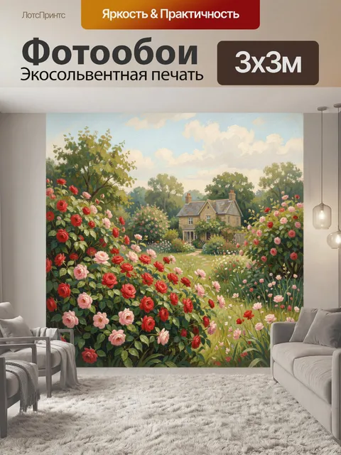 Фотообои Сад с розами и коттеджем