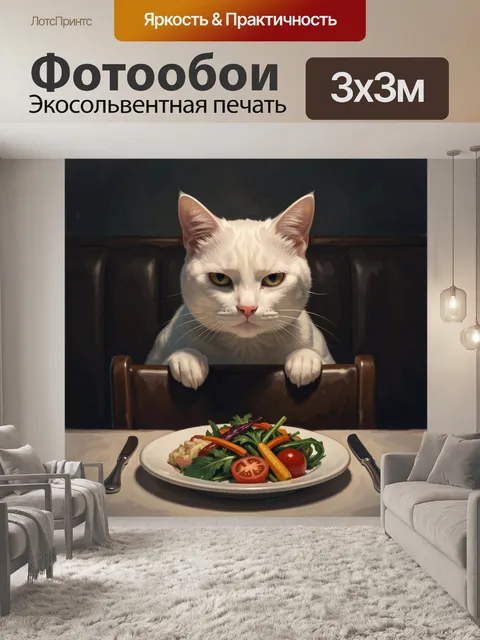 Фотообои Белый кот у тарелки салата