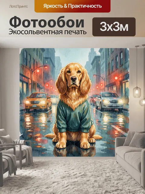 Фотообои Кокер-спаниель под дождем в городе
