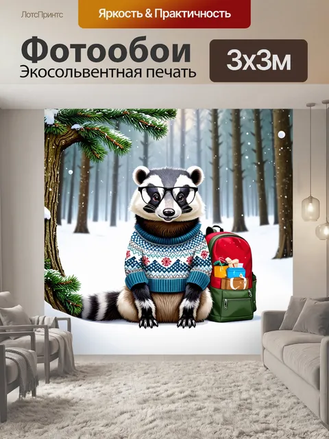 Фотообои барсук в свитере с зимним узором и очках с толстыми оправами