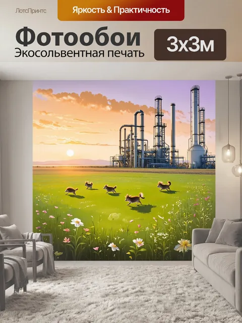 Фотообои гигантская топливная установка вдалеке, перед ней зеленое поле с цветами, по которому бегут маленькие животные