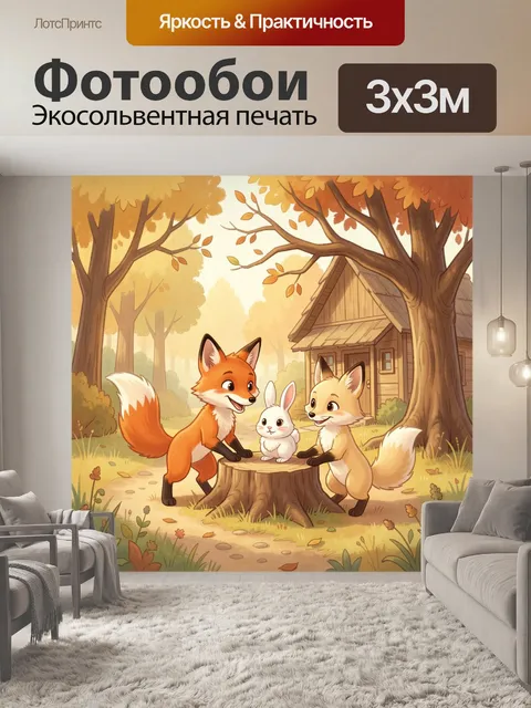 Фотообои Лисята и зайчик в лесу
