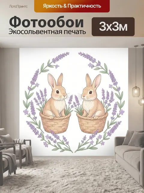 Фотообои Зайчики в корзинках с лавандой