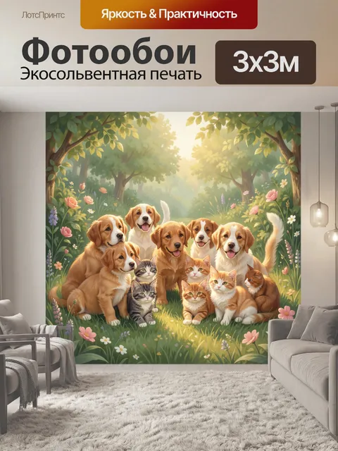 Фотообои Щенки и котята на лесной поляне